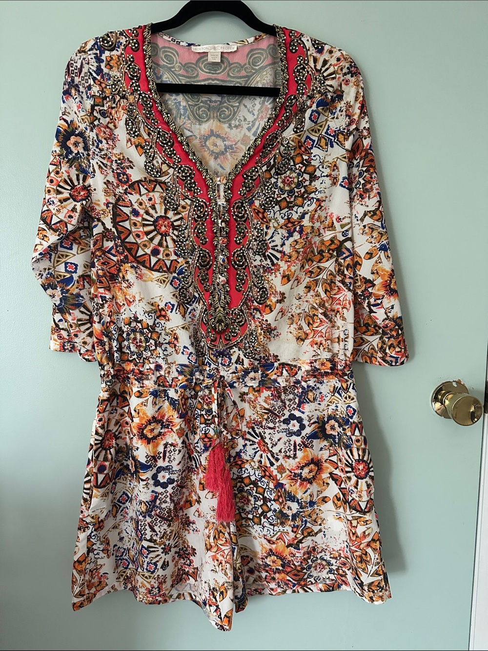 Embroidered Paisley Floral Jumpsuit with pockets in Coral, Navy & Gold